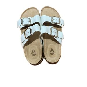 Academy Ltd Double-Buckle White & Tan Women's Slip on Platform Sandals